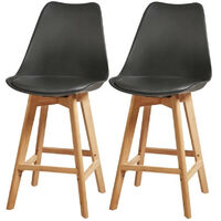 BJORN Lot de 2 tabourets de comptoir pieds en bois hetre massif - Revetement simili noir - Scandinave - Assise H 65cm