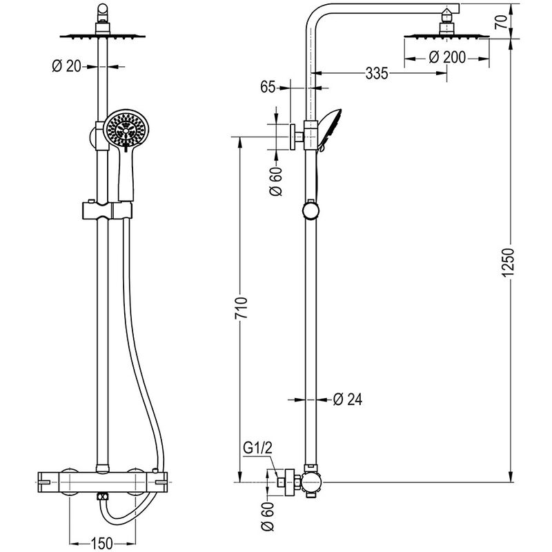 Columna de ducha termostático negro mate cuadrada. Tubo regulable en Altura  de 83 a 120 cm. – Llavisan