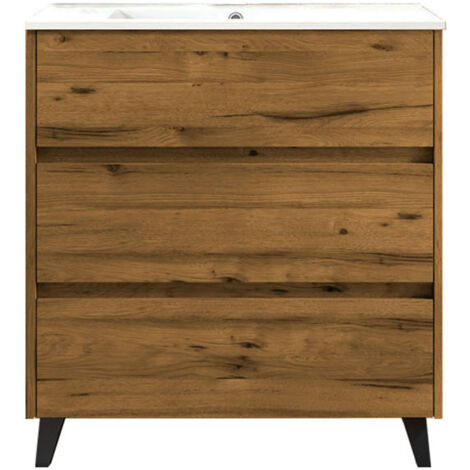 Kibath Mueble de baño con Lavabo SIREX 80x45 cm acabado TECA Claro mate 3 cajones con patas