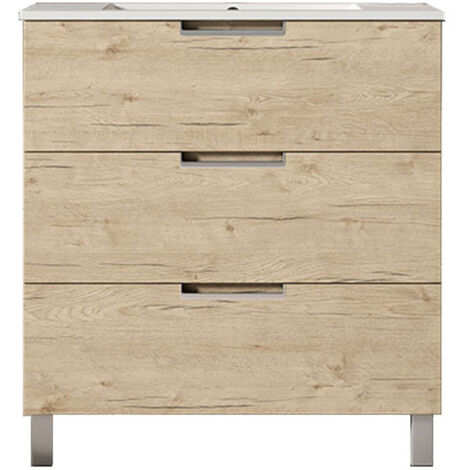 Kibath Mueble de baño con Lavabo VOLARE 80x45 cm acabado ROBLE mate 3 cajones con patas