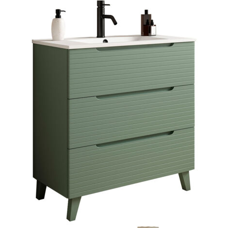 Kibath Mueble de baño con Lavabo BOREAL 100x45 cm acabado VERDE LAGO mate 3 cajones con patas