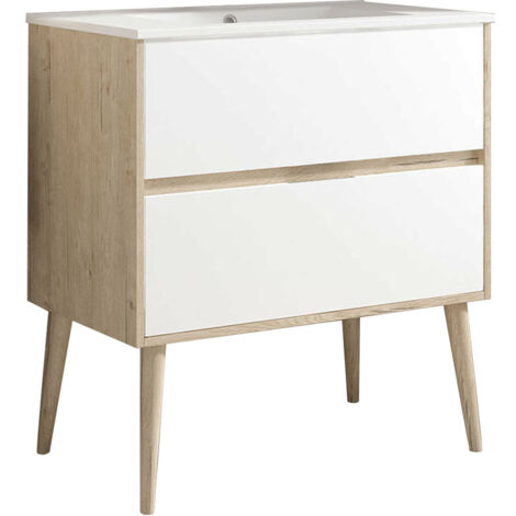 Kibath Mueble de baño con Lavabo NORUEGA 70x45 cm acabado ROBLE y BLANCO mate 2 cajones suspendido (patas decorativas incluidas)