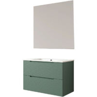 Kibath Mueble de baño con Lavabo, Espejo y Aplique LED BOREAL 80x45 cm acabado VERDE LAGO mate 2 cajones suspendido