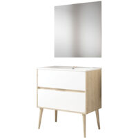 Kibath Mueble de baño con Lavabo, Espejo y Aplique LED NORUEGA 70x45 cm acabado ROBLE y BLANCO mate 2 cajones suspendido