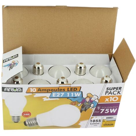 Lot de 10 Ampoules LED E27 11W Eq 75W 1055 Lumens  Température de Couleur: Blanc neutre 4000K