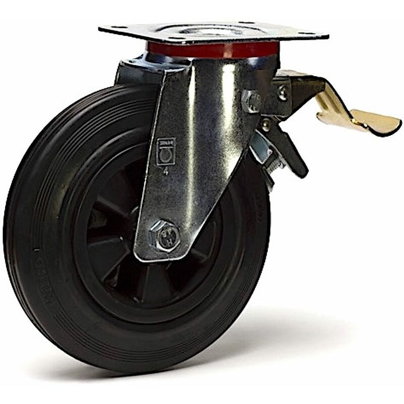Roulette pivotante à frein diamètre 250 mm caoutchouc noir - 295 Kg
