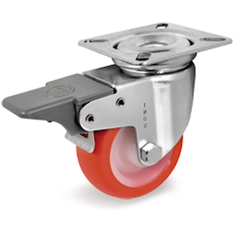 Roulette INOX pivotante à frein diamètre 60 mm roue polyuréthane rouge - 70 Kg (1/2)