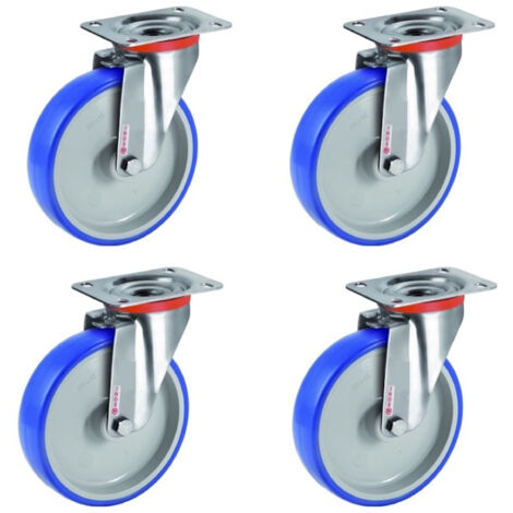 Lot de 4 roulettes INOX pivotantes polyuréthane BLEU-SOFT® 125 mm - 540 Kg (1/2)