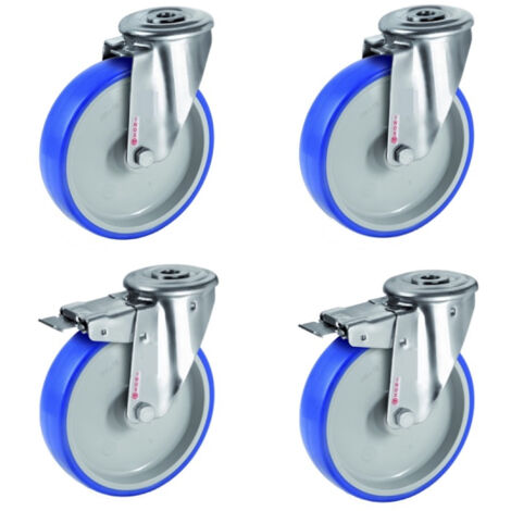 Lot de 4 roulettes à oeil INOX pivotantes et pivotantes à frein polyuréthane BLEU-SOFT® 80 mm - 225 Kg (1/3)