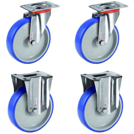Lot de 4 roulettes INOX pivotantes et fixes polyuréthane BLEU-SOFT® 100 mm - 360 Kg (1/3)