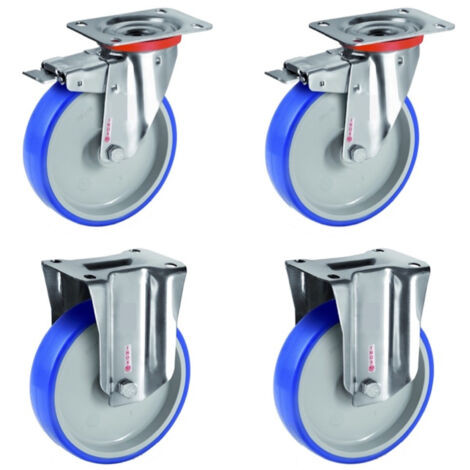 Lot de 4 roulettes INOX pivotantes à frein et fixes polyuréthane BLEU-SOFT® 100 mm - 360 Kg (1/3)