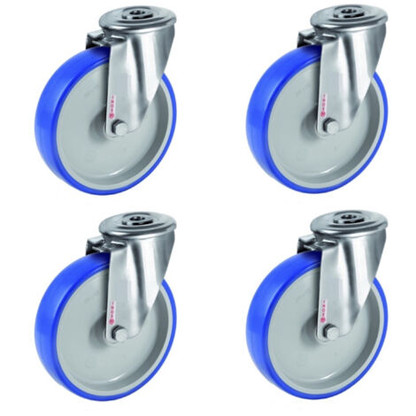 Lot de 4 roulettes à oeil INOX pivotantes polyuréthane BLEU-SOFT® 80 mm - 225 Kg (1/2)