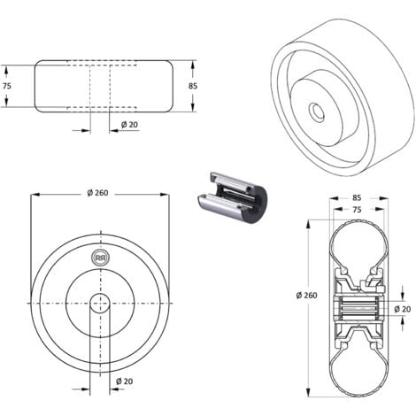 Roue increvable diable 260 x 85  (3.00-4) alésage 20 mm roulement à rouleaux