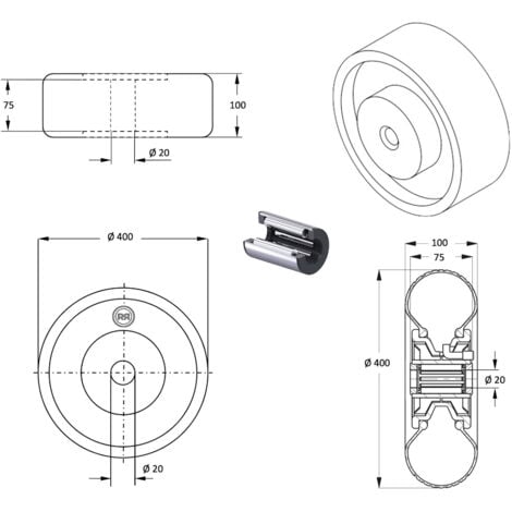 Roue  gonflable diamètre 400 x 100  alésage 20 mm roulement à rouleaux