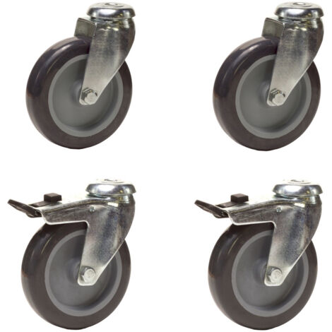 2Gt Roues Et Roulettes – Lot de 4 roulettes pivotantes à frein 75 mm – Caoutchouc thermoplastique non marquant – Charge 180 Kg – Fixation à trou central