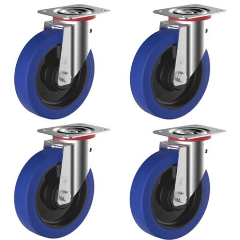 2Gt Roues Et Roulettes – Lot de 4 roulettes pivotantes caoutchouc 100 mm – Charge 540 kg – Bandage super élastique EASYROLL® bleu – Pour sols accidentés