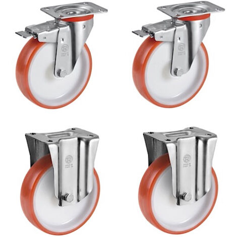 Lot de 4 roulettes pivotantes à frein et fixes polyuréthane rouge 125 mm - 660 Kg (1/3)