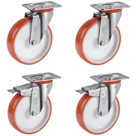 Lot de 4 roulettes pivotantes et pivotantes à frein polyuréthane rouge 150 mm - 900 Kg