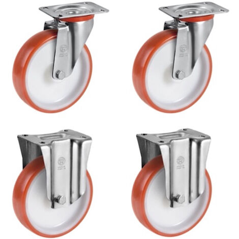 Lot de 4 roulettes pivotantes et fixes polyuréthane rouge 200 mm - 900 Kg (1/3)