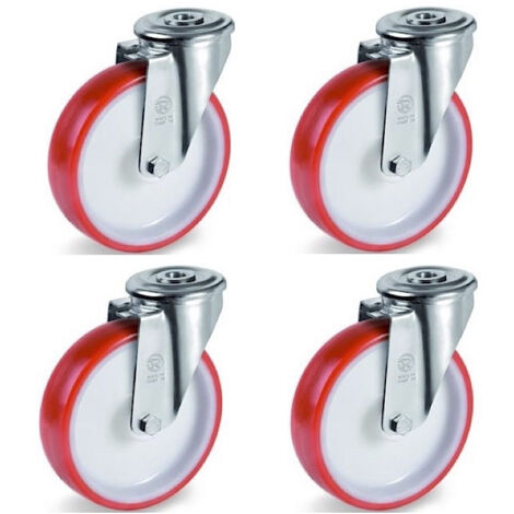 Lot de 4 roulettes à oeil pivotantes polyuréthane rouge 100 mm - 510Kg (1/2)