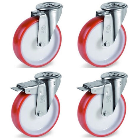 Lot de 4 roulettes à oeil pivotantes et pivotantes à frein polyuréthane rouge 125 mm - 660Kg (1/3)