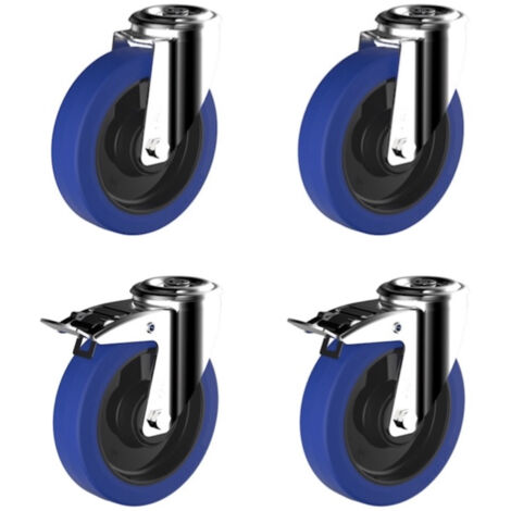 Lot de 4 roulettes à oeil pivotantes et pivotante à frein caoutchouc élastique bleu 125 mm  charge 750 Kg