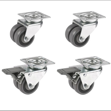 Lot de 4 roulettes pivotantes et pivotantes à frein jumelées caoutchouc gris 50 mm - 180 Kg (1/3)