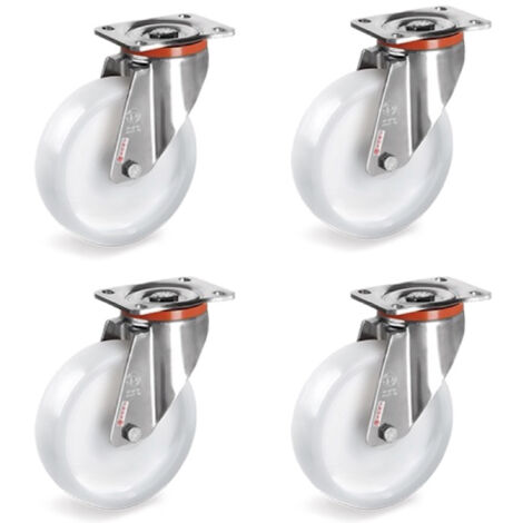 2Gt Roues Et Roulettes – Lot de 4 roulettes pivotantes INOX 80 mm – Charge 450 kg – Roue plastique blanc pour sols lisses – Chariots de manutention (1/2)