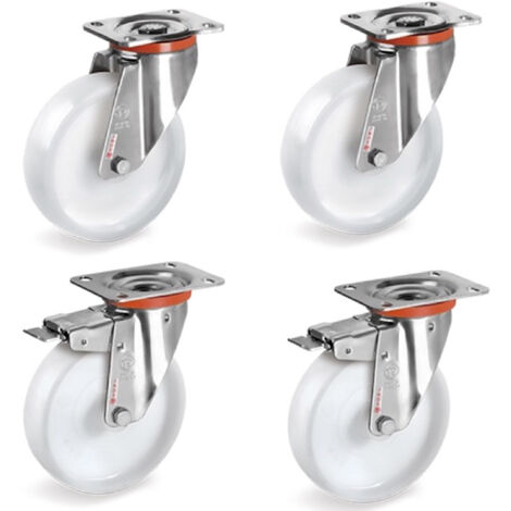 Lot de 4 roulettes INOX pivotantes et pivotantes à frein plastique blanc 125 mm - 900 Kg (1/3)