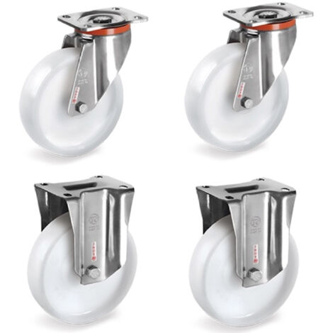 Lot de 4 roulettes INOX pivotantes et fixes plastique blanc 125 mm - 900 Kg (1/3)