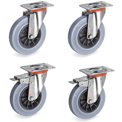 Lot de 4 roulettes INOX pivotantes et pivotantes à frein caoutchouc non tachant 80 mm - 150Kg (1/3)