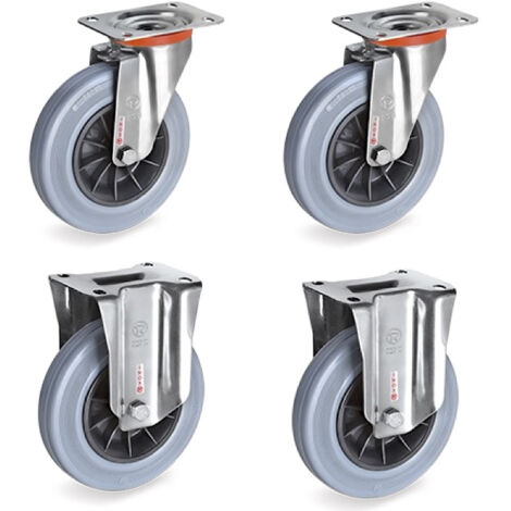 Lot de 4 roulettes INOX pivotantes et fixes caoutchouc non tachant 100 mm - 210Kg (1/3)