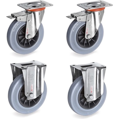 Lot de 4 roulettes INOX pivotantes à frein et fixes caoutchouc non tachant 100 mm - 210Kg