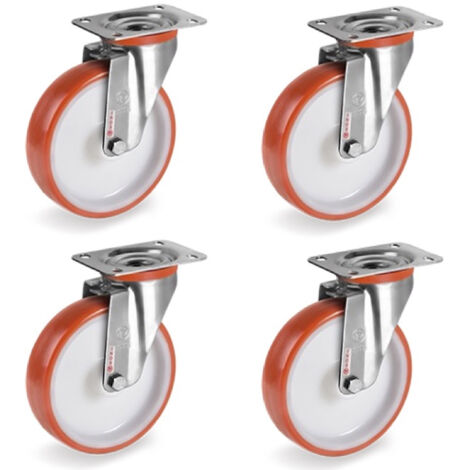 Lot de 4 roulettes INOX pivotantes polyuréthane rouge 80 mm - 360Kg (1/2)