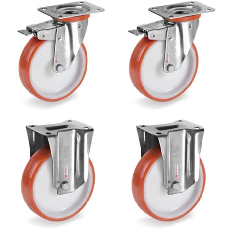 Lot de 4 roulettes INOX pivotantes à frein et fixes polyuréthane rouge 100 mm - 510Kg (1/3)