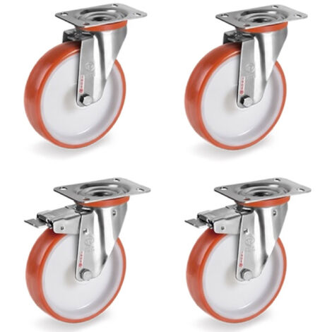 Lot de 4 roulettes INOX pivotantes et pivotantes à frein polyuréthane rouge 125 mm - 660Kg (1/3)