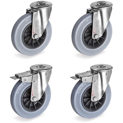 2Gt Roues Et Roulettes – Lot de 4 roulettes à œil INOX pivotantes avec frein caoutchouc non tachant 80 mm – Charge 150 kg – Pour chariots légers
