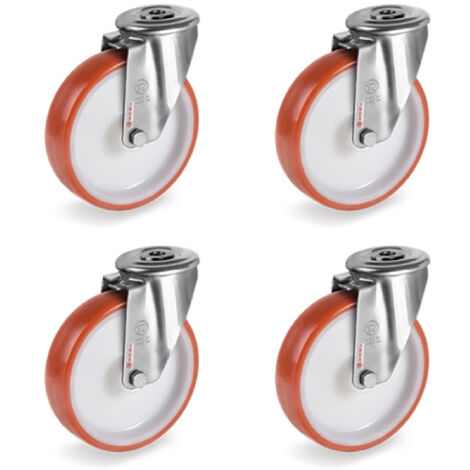 Lot de 4 roulettes à Oeil INOX pivotantes polyuréthane rouge 125 mm - 660Kg (1/2)