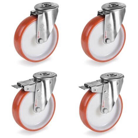 Lot roulettes à Oeil INOX pivotantes et pivotantes à frein polyuréthane rouge 125 mm - 660Kg (1/3)