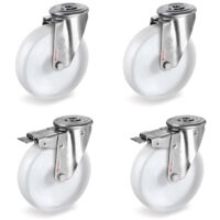 Lot de 4 roulettes à Oeil INOX pivotantes et pivotantes à frein plastique blanc 125 mm - 600 Kg