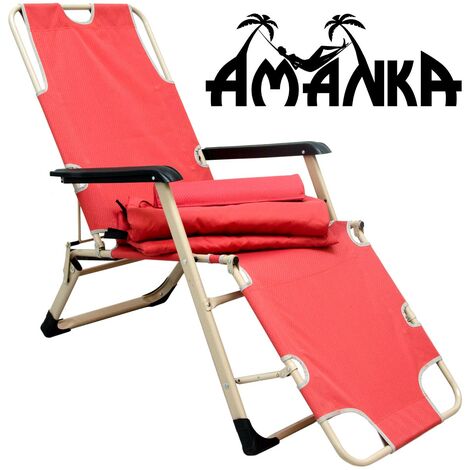 Folding Garden Lounger Sunlounger 178cm + removable headrest and cushion Red