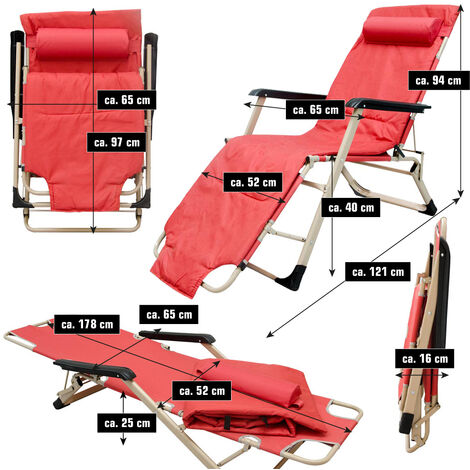 Folding Garden Lounger Sunlounger 178cm + removable headrest and cushion Red