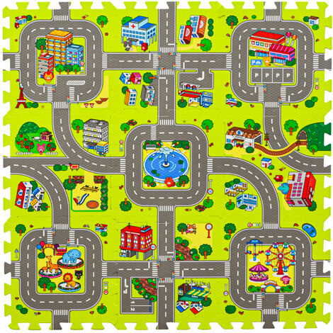 9 Pieces Kids Road Play Mat - 30x30 Foldable Play Rug - Road Mat for Toy Cars