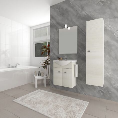 Mueble de baño suspendido de 55 cm en madera de roble blanco con lavabo cerámico y espejo con lámpara LED - Polis