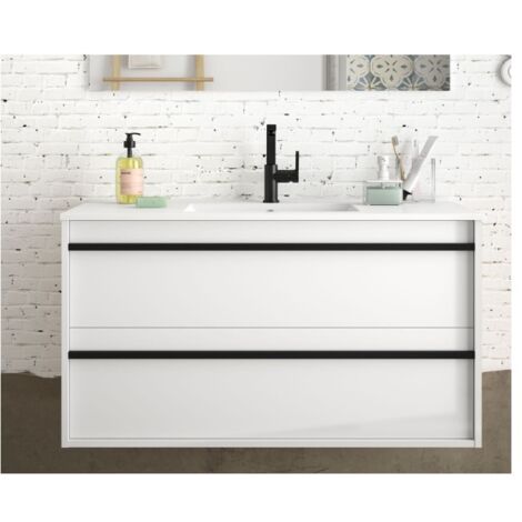 Mueble de baño suspendido de 100 cm con dos cajones blanco satinado con lavabo incorporado - Astoria - Con espejo y lámpara LED (1/5)
