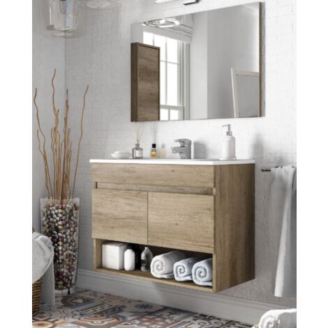 Mueble de baño suspendido  80 cm nordik con espejo - Nancy - Nordik Con Columna y Lámpara Led