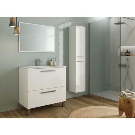 Mueble de baño de pie 80 cm blanco brillo con espejo - Leeds - Blanco brillo Standard