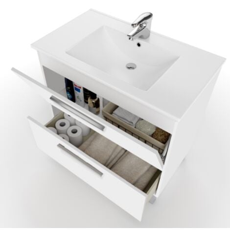 Mueble de baño de pie 80 cm blanco brillo con espejo - Leeds - Blanco brillo Standard