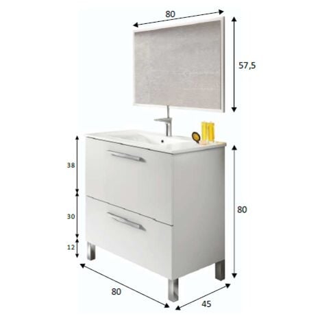 Mueble de baño de pie 80 cm blanco brillo con espejo - Leeds - Blanco brillo Standard