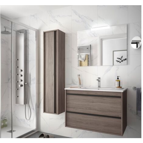 Mueble de baño suspendido 80 cm Nevada de madera Roble Ostippo con lavabo  de porcelana 80 cm - Con columna